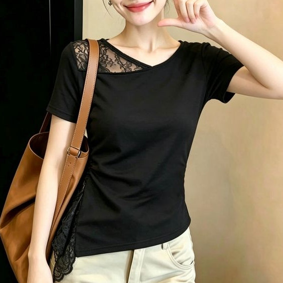 優雅輕熟風蕾絲下擺褶皺短袖T恤 M 黑色 素面 休閑 常規 拼接 一般 夏 V領 套頭 日常