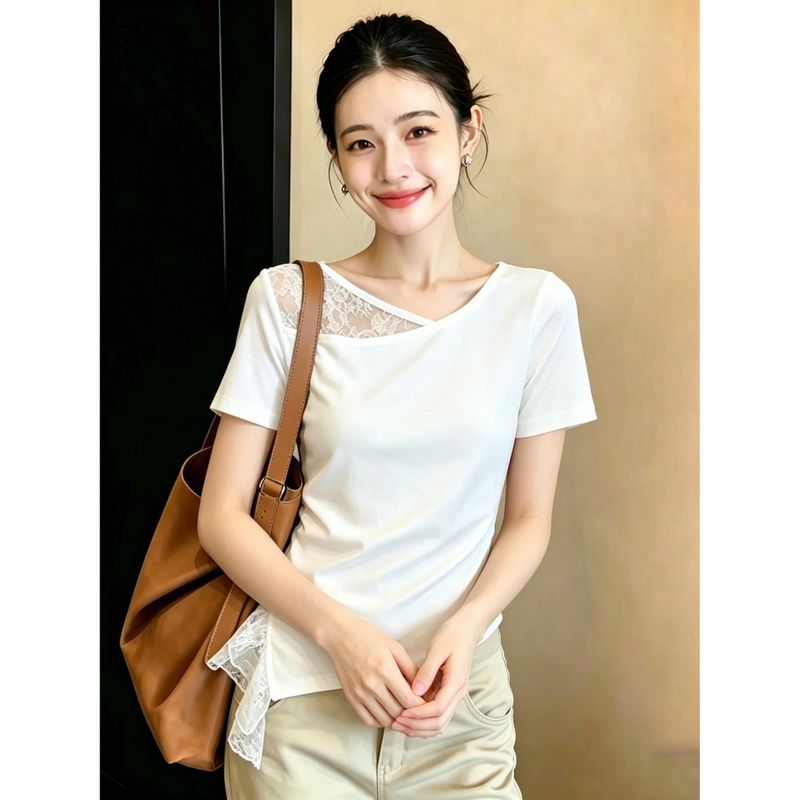 優雅輕熟風蕾絲下擺褶皺短袖T恤 4XL 白色 素面 休閑 常規 拼接 一般 夏 V領 套頭 日常