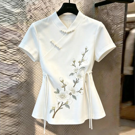 新中式 刺繡 珍珠盤扣 短袖 襯衫 5XL 白色