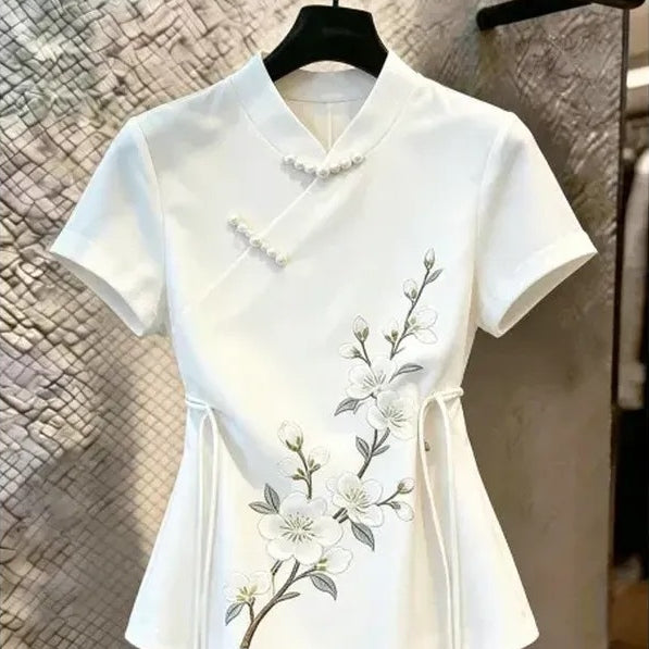 新中式 刺繡 珍珠盤扣 短袖 襯衫 M 白色