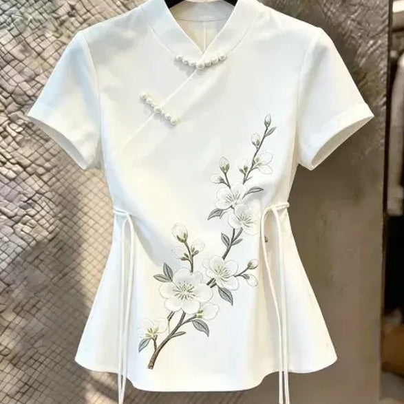 新中式 刺繡 珍珠盤扣 短袖 襯衫 M 白色