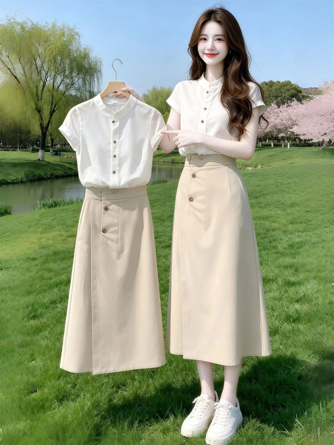 【可單件/成套購買】 職業風立領短袖襯衫+西裝半身裙 2XL 白色上衣/單件 素面 A字型 其他 無開叉 完全不透 無里襯 百搭 高透氣 日常 通勤 合身 凸顯腰線 顯瘦 單排扣 時尚 春夏秋 Ａ字裙 中長款 高腰 有口袋 紐扣 常規 優雅
