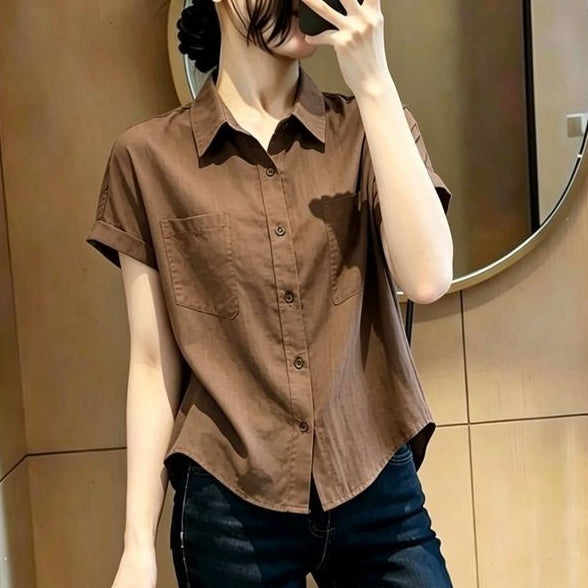 時髦率性翻領單排扣短袖襯衫 M 灰色 素面 簡約 休閑 常規 紐扣 短款 夏 蘋果型