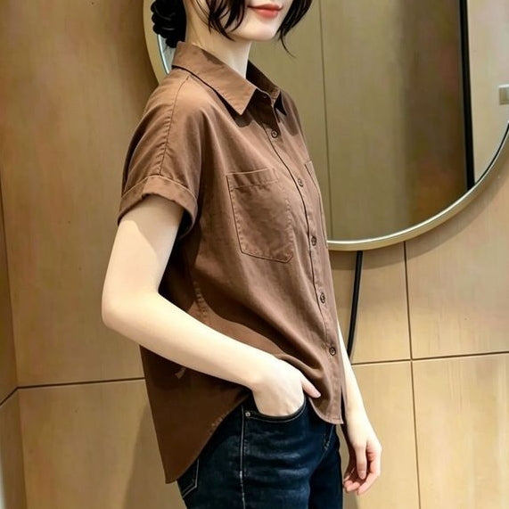 時髦率性翻領單排扣短袖襯衫 M 灰色 素面 簡約 休閑 常規 紐扣 短款 夏 蘋果型