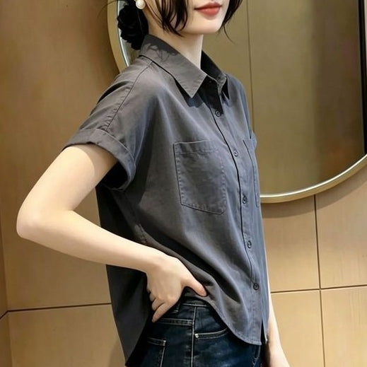 時髦率性翻領單排扣短袖襯衫 M 灰色 素面 簡約 休閑 常規 紐扣 短款 夏 蘋果型