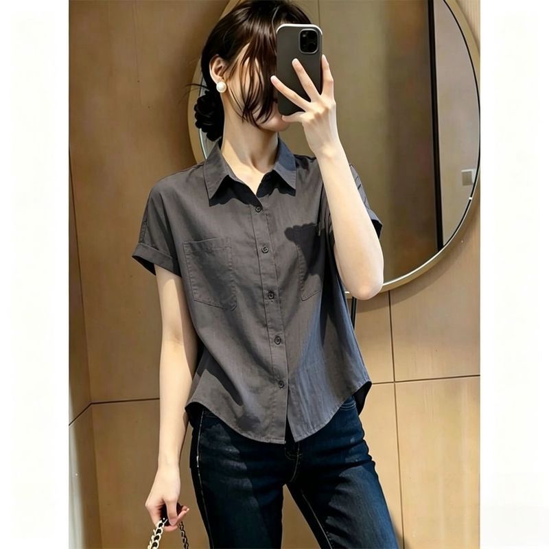 時髦率性翻領單排扣短袖襯衫 5XL 灰色 素面 簡約 休閑 常規 紐扣 短款 夏 蘋果型
