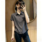 時髦率性翻領單排扣短袖襯衫 5XL 灰色 素面 簡約 休閑 常規 紐扣 短款 夏 蘋果型