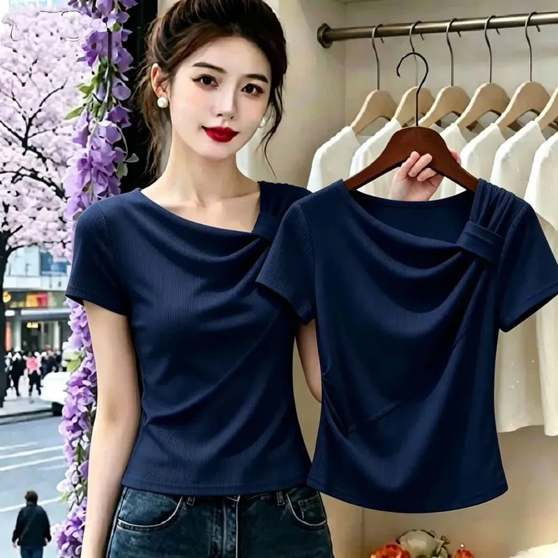 優雅扭結不軌者休閒短袖T恤 M 655-薑黃 素面 時尚 休閑 常規 抽褶 短款 夏 圓領 套頭 顯瘦 日常