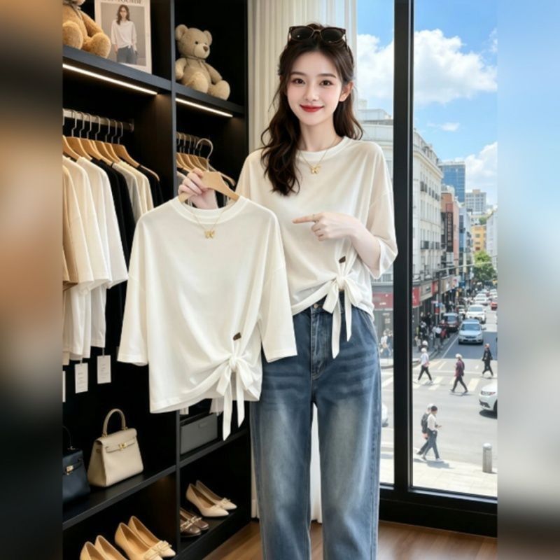 隱藏小腹別緻綁帶寬鬆短袖T恤 M 白色 素面 五分袖 休閑 韓版 常規 一般 夏 圓領 套頭