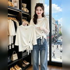 隱藏小腹別緻綁帶寬鬆短袖T恤 M 白色 素面 五分袖 休閑 韓版 常規 一般 夏 圓領 套頭