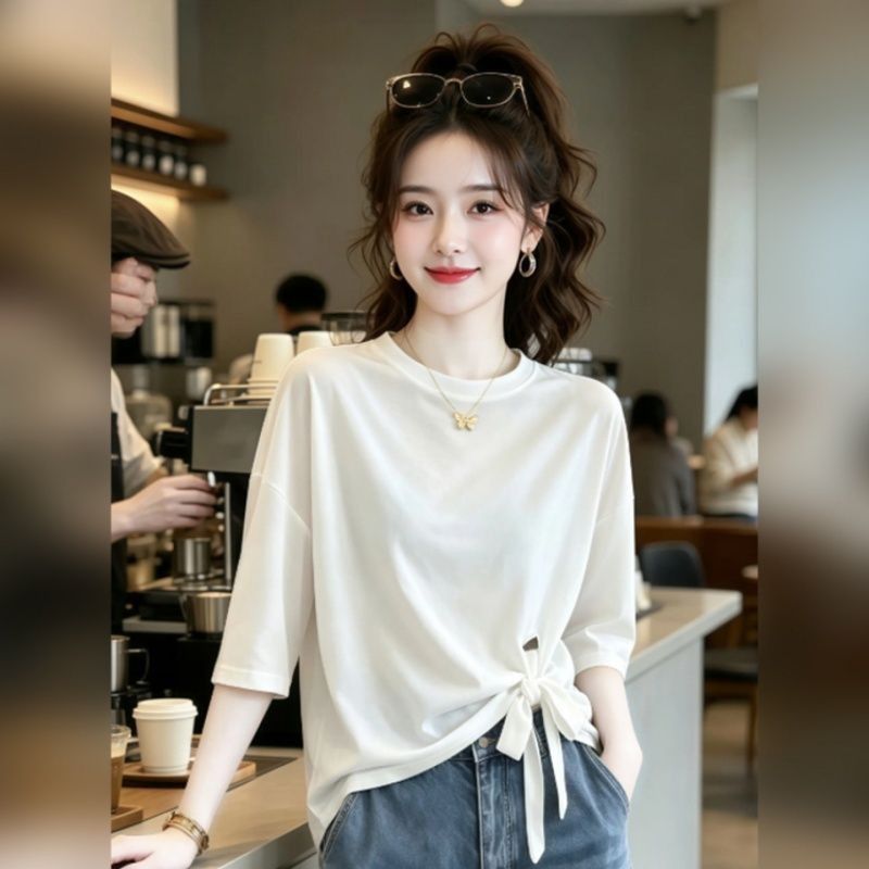 隱藏小腹別緻綁帶寬鬆短袖T恤 M 白色 素面 五分袖 休閑 韓版 常規 一般 夏 圓領 套頭