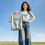 上班族必收印花抽繩修身短袖T恤 S 灰色【兩隻小蝴蝶】 字母 春夏 韓版 清新 清爽休閒 常規 抽褶 帶抽繩 夏 春夏秋 愛心 圓領 套頭 顯瘦 遮肉 日常 假日/出外 短款 花朵 休閑