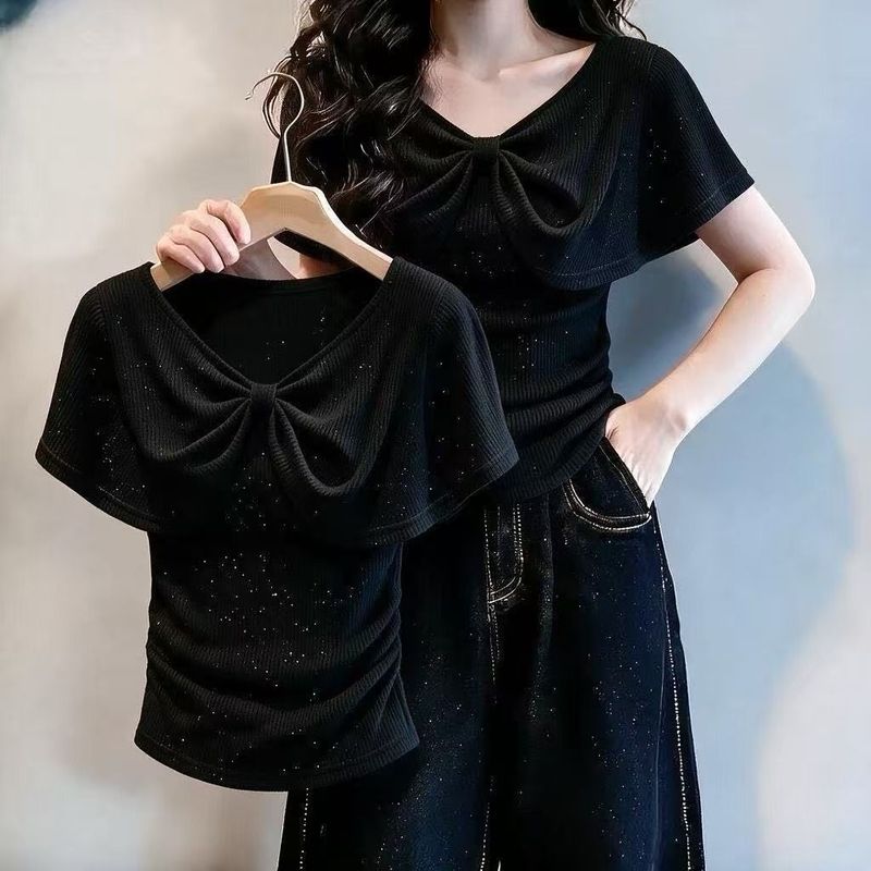 精緻壓褶蝴蝶結翻領針織短袖T恤 M 灰色 素面 通勤 日常 凸顯腰線 顯瘦 套頭 V領 夏 短款 常規 輕熟 休閑 時尚