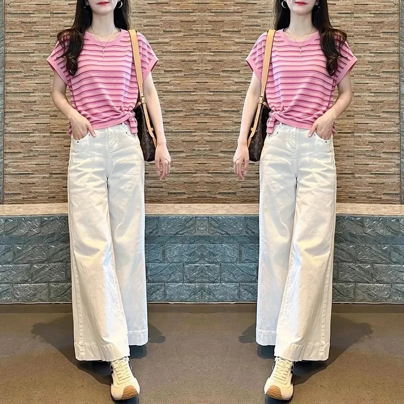 【可單件/成套購買】 質感女裝條紋短袖+高腰休閒闊腿褲 2XL 褲子/單品 素面 橫條紋 春夏 夏 針織 棉 長褲 套頭 圓領 一般 有口袋 綁帶 常規 休閑 時尚 兩件套