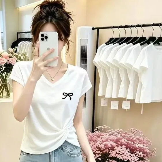 簡約好搭竹節棉V領修身正肩短袖T恤 M 白色微透-4顆心 字母 印花 蝴蠂 愛心 卡通 抽褶 套頭 春夏秋 春夏 夏 一般 飛袖 韓版 休閑 顯瘦