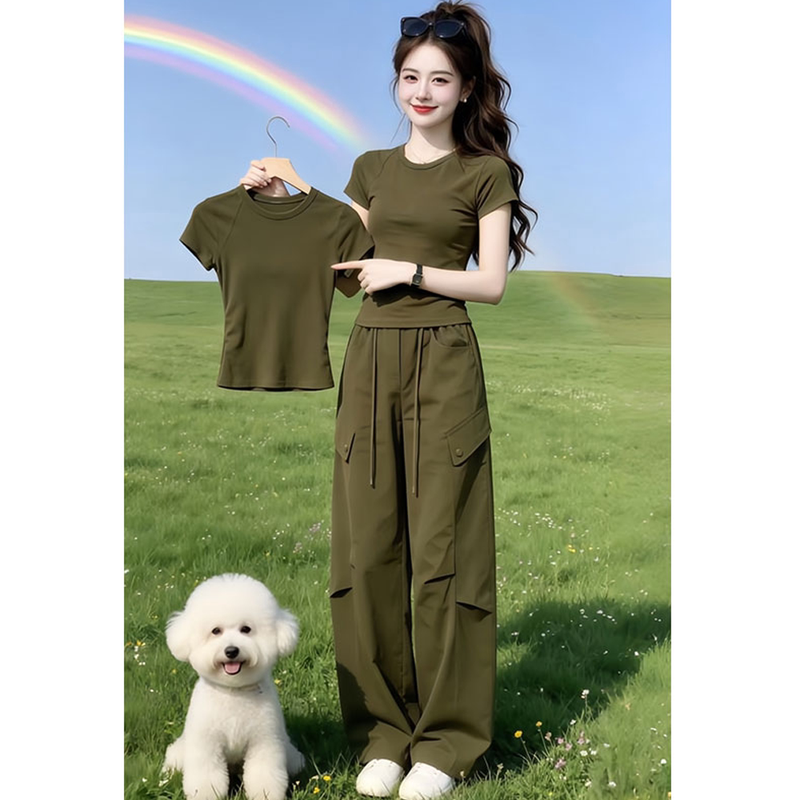 【可單件/成套購買】時髦正肩短袖T恤+酷颯工裝褲 3XL 軍綠色/褲子 素面 套頭 時尚 休閑 街頭風 常規 有口袋 帶抽繩 高腰 短款 夏 春夏 春夏秋 圓領 長褲 封閉式背 顯瘦 顯腿長 遮肉 凸顯腰線 假日/出外 日常 百搭 無里襯
