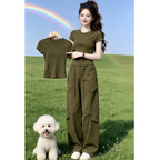 【可單件/成套購買】時髦正肩短袖T恤+酷颯工裝褲 3XL 軍綠色/褲子 素面 套頭 時尚 休閑 街頭風 常規 有口袋 帶抽繩 高腰 短款 夏 春夏 春夏秋 圓領 長褲 封閉式背 顯瘦 顯腿長 遮肉 凸顯腰線 假日/出外 日常 百搭 無里襯