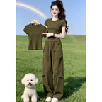 【可單件/成套購買】時髦正肩短袖T恤+酷颯工裝褲 3XL 軍綠色/上衣 素面 套頭 時尚 休閑 街頭風 常規 有口袋 帶抽繩 高腰 短款 夏 春夏 春夏秋 圓領 長褲 封閉式背 顯瘦 顯腿長 遮肉 凸顯腰線 假日/出外 日常 百搭 無里襯