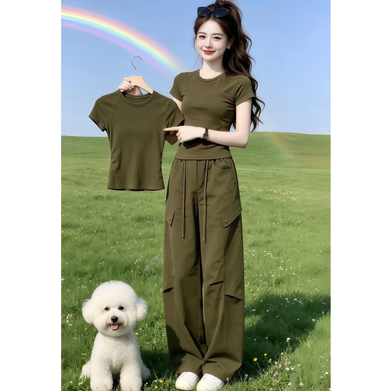 【可單件/成套購買】時髦正肩短袖T恤+酷颯工裝褲 3XL 軍綠色/上衣 素面 套頭 時尚 休閑 街頭風 常規 有口袋 帶抽繩 高腰 短款 夏 春夏 春夏秋 圓領 長褲 封閉式背 顯瘦 顯腿長 遮肉 凸顯腰線 假日/出外 日常 百搭 無里襯