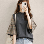 設計感 半高領 格紋 拼接 五分袖 襯衫 S 灰色 撞色 遮肉 復古 輕熟 辦公室休閒 荷葉邊袖.褶邊袖 春 夏 秋 20-50代 30-50代 寬鬆感 套頭 假日/出外 通勤 日常 周末 百搭 完全不透 無開叉 滌棉 混紡 時尚