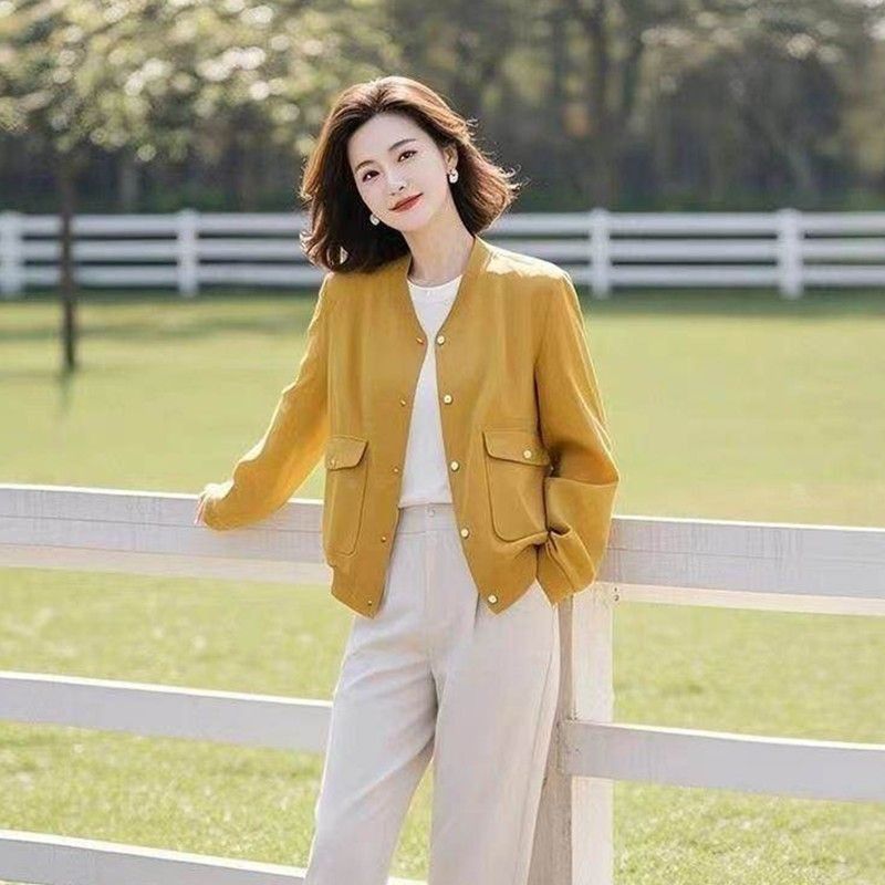 時尚百搭薄款棒球服夾克開衫 M 黃色 素面 長袖 辦公室 日常 通勤 假日/出外 寬鬆感 微寬鬆款 20-40代 紐扣 單排扣 立領 聚酯纖維 短款 一般 有口袋 拼接 常規 英倫風 優雅 工作 休閑 春秋 秋冬 春 秋 冬