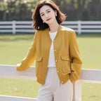 時尚百搭薄款棒球服夾克開衫 3XL 黃色 素面 長袖 辦公室 日常 通勤 假日/出外 寬鬆感 微寬鬆款 20-40代 紐扣 單排扣 立領 聚酯纖維 短款 一般 有口袋 拼接 常規 英倫風 優雅 工作 休閑 春秋 秋冬 春 秋 冬