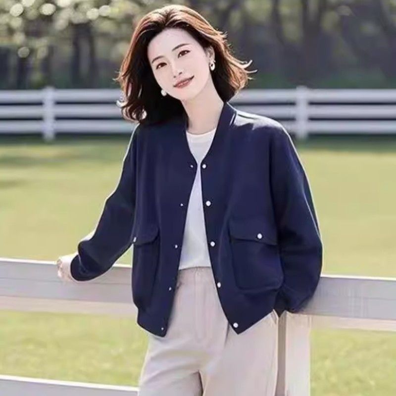 時尚百搭薄款棒球服夾克開衫 3XL 深藍色 素面 長袖 辦公室 日常 通勤 假日/出外 寬鬆感 微寬鬆款 20-40代 紐扣 單排扣 立領 聚酯纖維 短款 一般 有口袋 拼接 常規 英倫風 優雅 工作 休閑 春秋 秋冬 春 秋 冬