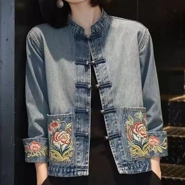 新中式國風刺繡盤扣牛仔外套 S 藍色 素面 單排扣 中國風 復古 常規 紐扣 有口袋 一般 立領 花朵 高級感 日常 假日/出外 通勤 秋 春 春秋 植物 長袖