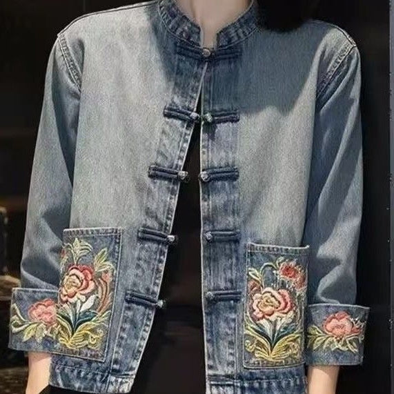 新中式國風刺繡盤扣牛仔外套 S 藍色 素面 單排扣 中國風 復古 常規 紐扣 有口袋 一般 立領 花朵 高級感 日常 假日/出外 通勤 秋 春 春秋 植物 長袖