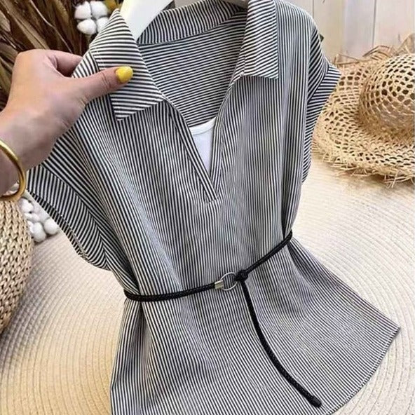 韓系假兩件條紋顯瘦短袖襯衫 5XL 黑色 素面 豎條紋 春夏 夏 套頭 V領 POLO領 一般 假兩件/疊穿 腰帶 常規 韓版 休閑 時尚