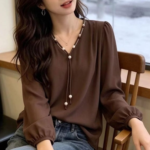 別緻設計感系帶長袖襯衫 M 咖啡色 素面 V領 寬鬆感 遮肉 顯瘦 寬鬆慵懶型 20-40代 套頭 雪紡 休閑 一般 珠子 綁帶 常規 輕熟 復古 春秋 秋