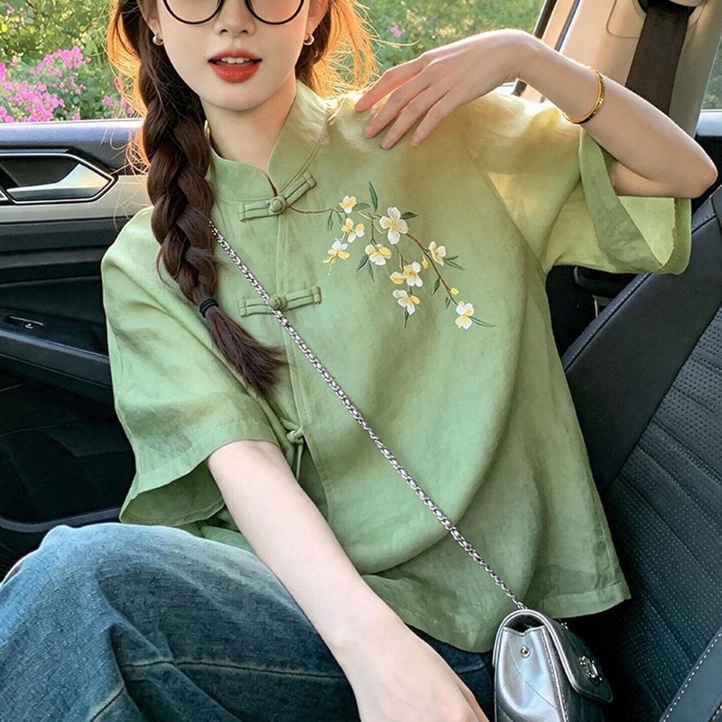 新中式國風印花立領盤扣短袖襯衫 M 綠色上衣 花朵 紐扣 日常 假日/出外 寬鬆感 遮肉 顯瘦 20-30代 棉麻 刺繡 一般 常規 復古 中國風 春夏 夏