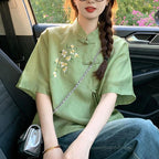 新中式國風印花立領盤扣短袖襯衫 M 綠色上衣 花朵 紐扣 日常 假日/出外 寬鬆感 遮肉 顯瘦 20-30代 棉麻 刺繡 一般 常規 復古 中國風 春夏 夏