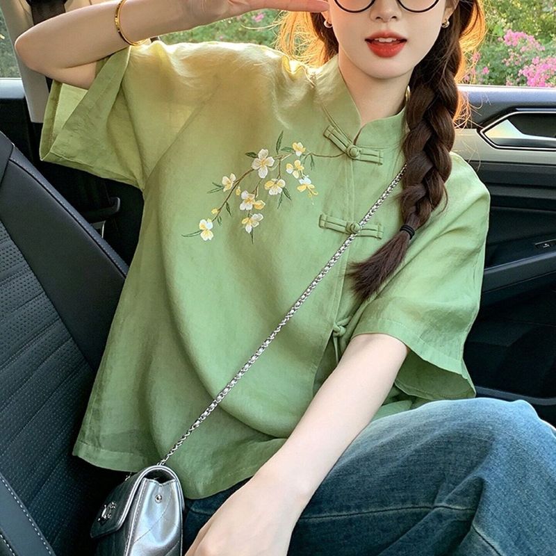 新中式國風印花立領盤扣短袖襯衫 3XL 綠色上衣 花朵 紐扣 日常 假日/出外 寬鬆感 遮肉 顯瘦 20-30代 棉麻 刺繡 一般 常規 復古 中國風 春夏 夏