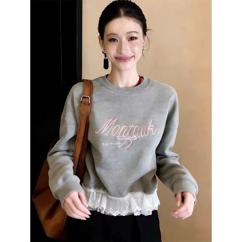 韓系簡約辣妹字母拼接花邊下擺長袖衛衣 XL 灰色 刺繡 短款 百搭 日常 約會 假日/出外 寬鬆感 微寬鬆款 寬鬆慵懶型 20-40代 20-30代 套頭 圓領 蝴蠂 聚酯纖維 一般 常規 休閑 復古 甜美 韓版 辣妹風 落肩袖 荷葉邊
