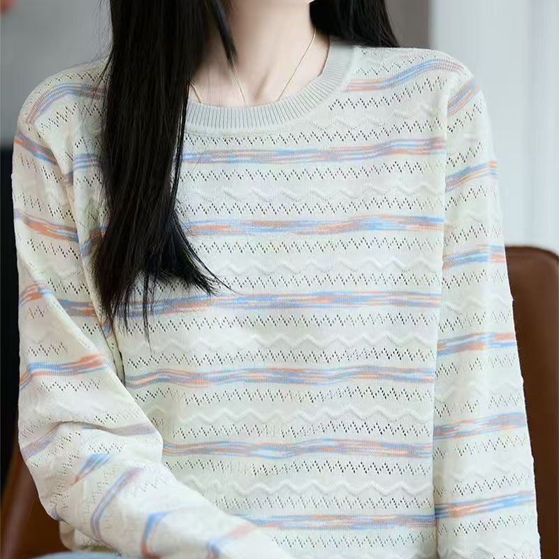 OL通勤條紋圓領長袖針織衫 M 橘條 撞色 春 休閑 韓版 常規 針織鏤空 一般 秋 春秋 橫條紋 顯瘦 遮肉 日常 假日/出外 約會 套頭 簡約
