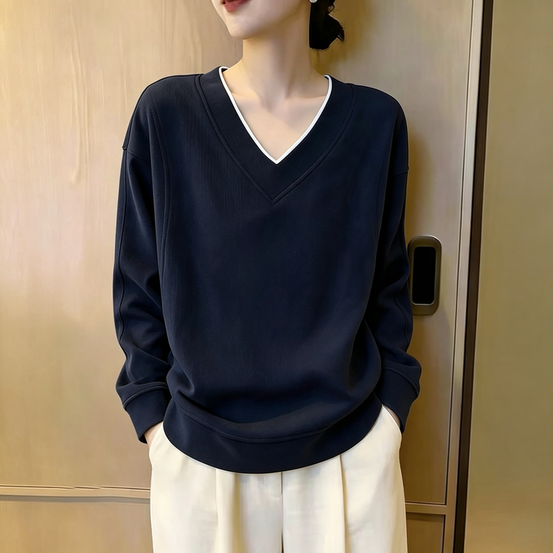 基本款撞色邊V領寬鬆長袖衛衣 L 藏藍色 素面 休閑 落肩袖 拼接 假兩件/疊穿 一般 套頭 20-50代 寬鬆慵懶型 遮肉 寬鬆感 棉 聚酯纖維 春秋 秋冬