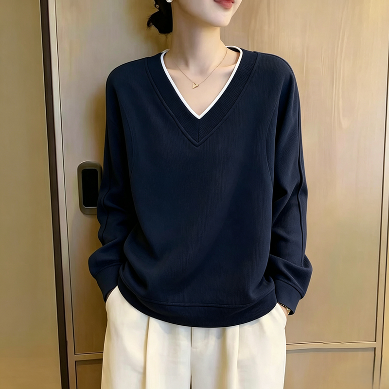 基本款撞色邊V領寬鬆長袖衛衣 5XL 藏藍色 素面 休閑 落肩袖 拼接 假兩件/疊穿 一般 套頭 20-50代 寬鬆慵懶型 遮肉 寬鬆感 棉 聚酯纖維 春秋 秋冬