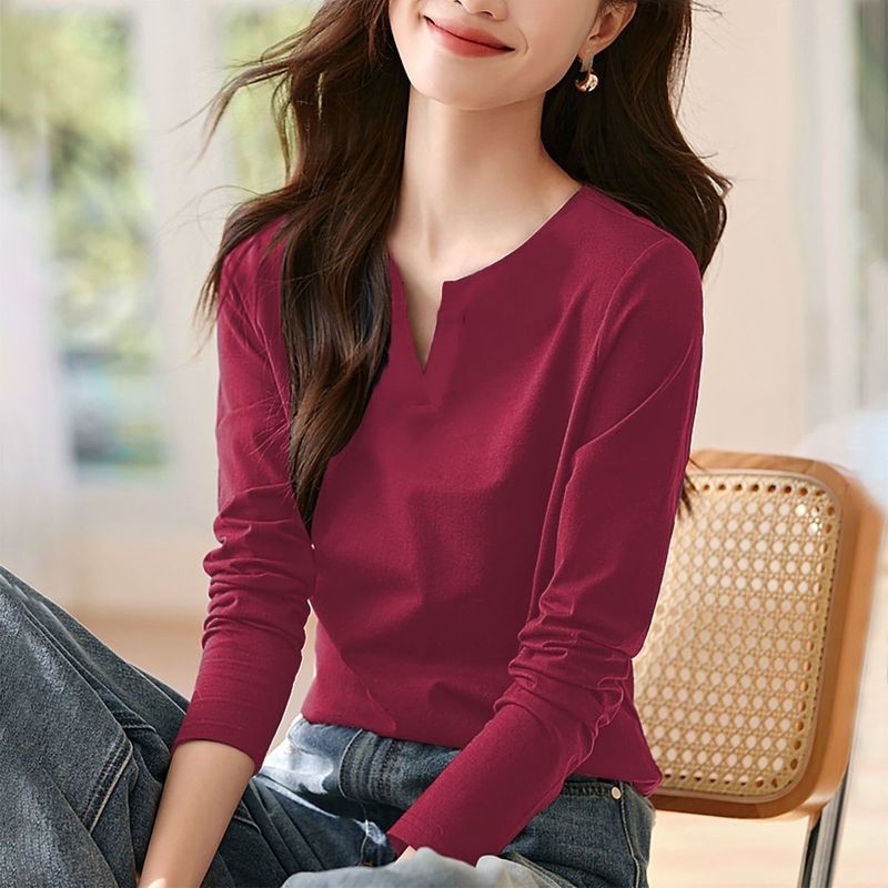 【全5色】極簡魅力小V領顯瘦長袖T恤 M 藍色 素面 簡約 休閑 常規 無 一般 套頭 20-30代 棉 春秋 秋冬 春 秋 冬