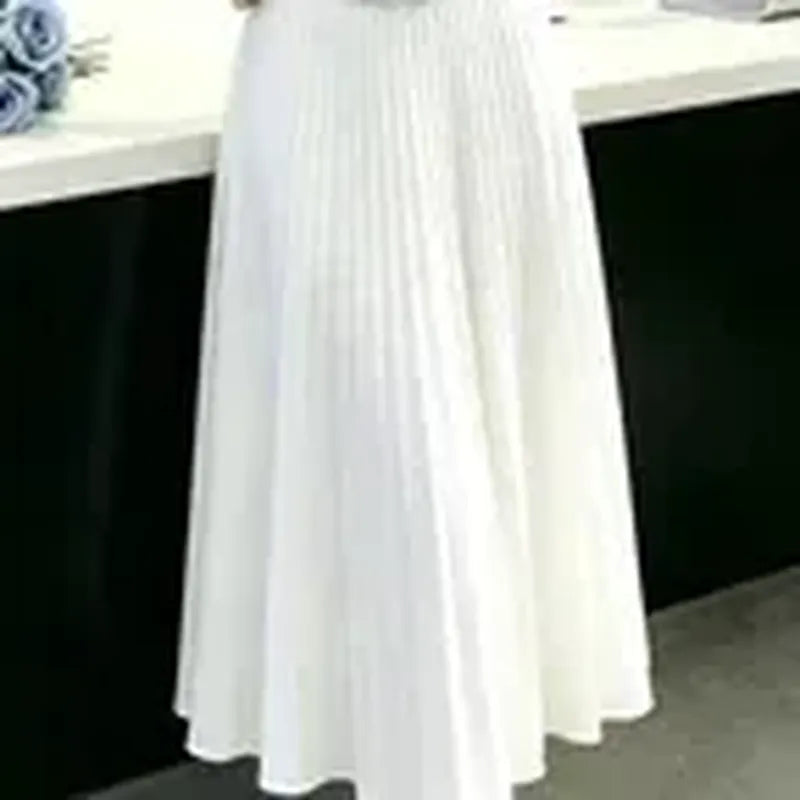 【可單件/成套購買】精緻單排扣收腰長袖針織衫+超仙雪紡紗半身裙 4XL 白色/半身裙/單品 素面 壓褶/百褶 秋 春 春秋 百褶裙 Ａ字裙 長款 高腰 V領 常規 浪漫 優雅 輕熟 甜美 紐扣 假日/出外 蕾絲 假兩件/疊穿 聚酯纖維