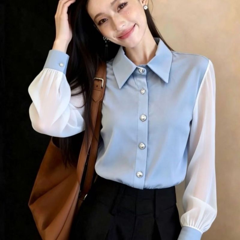 基本款翻領拼接長袖單排扣襯衫 4XL 藍色 素面 甜美 辣妹風 燈籠袖 紐扣 一般 20-40代 雪紡 春秋 春 秋