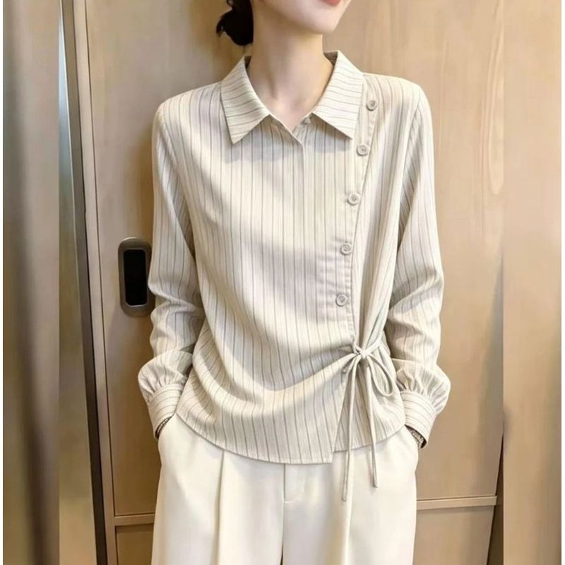 時髦率性綁帶收腰斜襟扣長袖襯衫 5XL 白色 豎條紋 凸顯腰線 系帶 / 綁帶 20-40代 直筒 微寬鬆款 顯瘦 遮肉 高級感 合身 單排扣 正常碼 假日/出外 通勤 日常 辦公室 百搭 無彈力 紐扣 套頭 簡約 拼接 大碼裝 時尚 輕熟