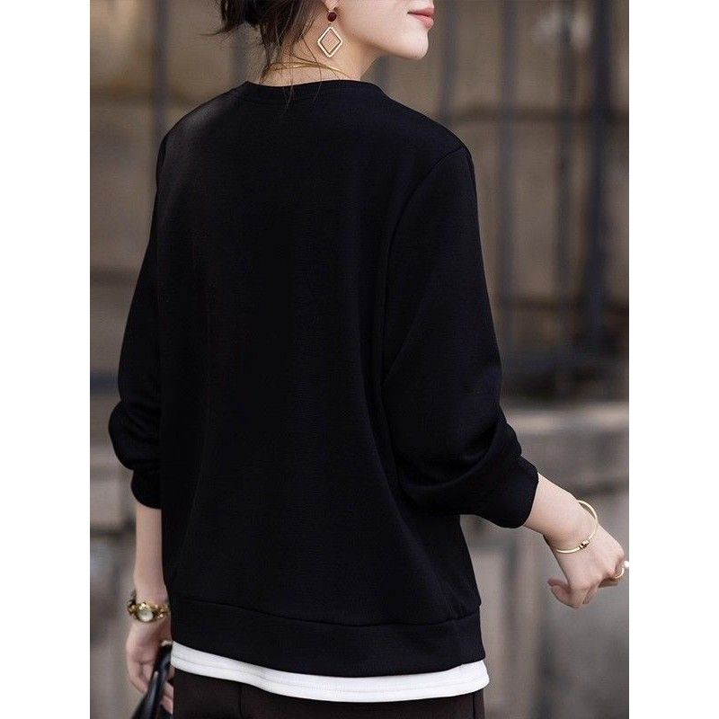 大碼首選假兩件寬鬆長袖衛衣 3XL 黑色 素面 中長款 大碼裝 休閑 韓版 清爽休閒 落肩袖 常規 拼接 紐扣 假兩件/疊穿 一般 圓領 撞色 套頭 半開紐扣 顯瘦 遮肉 日常 假日/出外 通勤 秋 春 秋冬 春秋 簡約