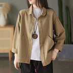 復古工裝風大口袋單排扣寬鬆休閒外套 M 卡其色 素面 春秋 秋冬 秋 紐扣 翻領 長袖 一般 有口袋 常規 落肩袖 休閑 簡約