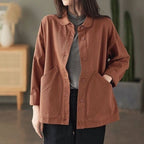 復古工裝風大口袋單排扣寬鬆休閒外套 3XL 鏽紅色 素面 春秋 秋冬 秋 紐扣 翻領 長袖 一般 有口袋 常規 落肩袖 休閑 簡約