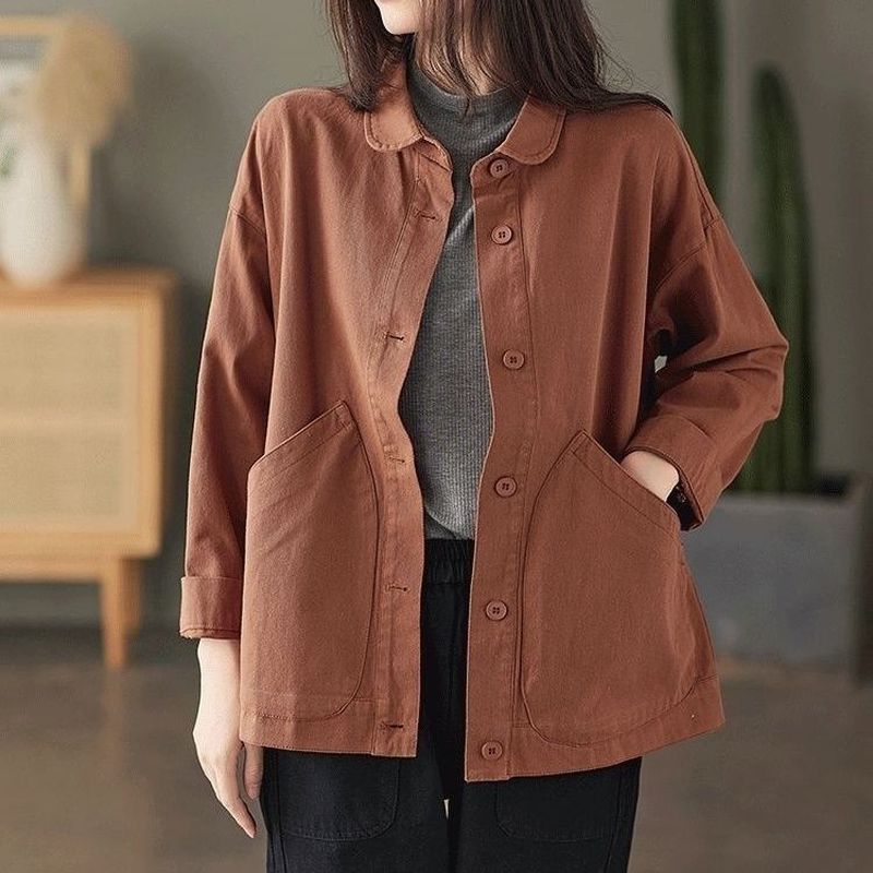 復古工裝風大口袋單排扣寬鬆休閒外套 3XL 鏽紅色 素面 春秋 秋冬 秋 紐扣 翻領 長袖 一般 有口袋 常規 落肩袖 休閑 簡約