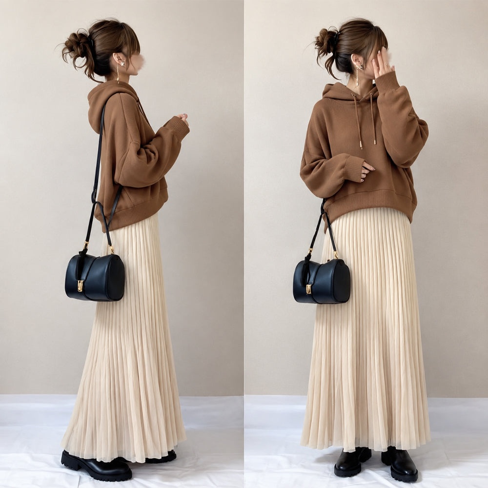 質感 簡約 連帽 衛衣 + 高腰 a字 百褶裙 套裝 S 圖片色 素面 套頭 混紡 聚酯纖維 棉 Ａ字裙 無 30-40代 春秋 壓褶/百褶 常規 休閑 長袖 兩件套