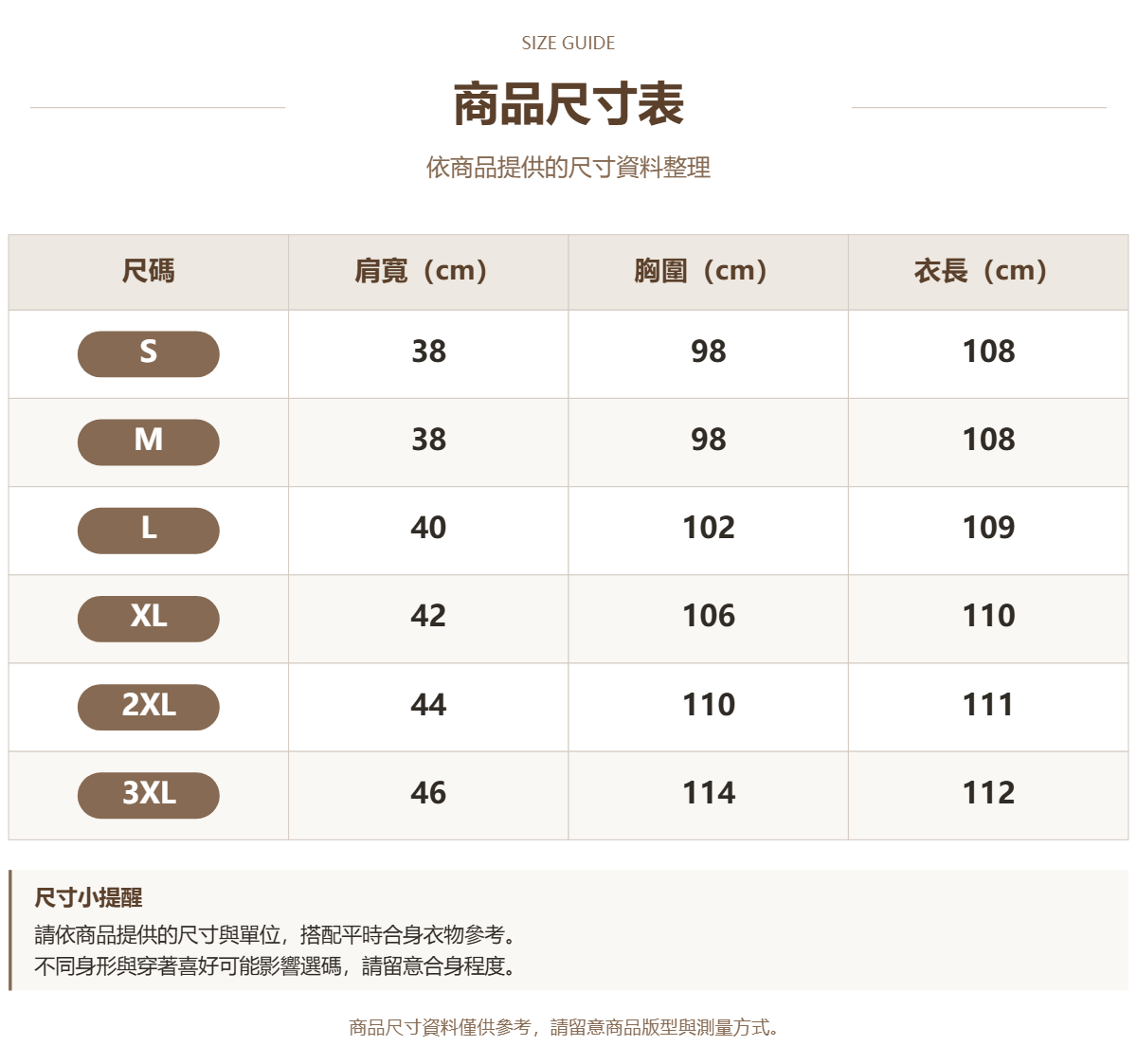 Handle 75527764 · 原ID 18158 · 外套类尺码表 · 1 · 加宽