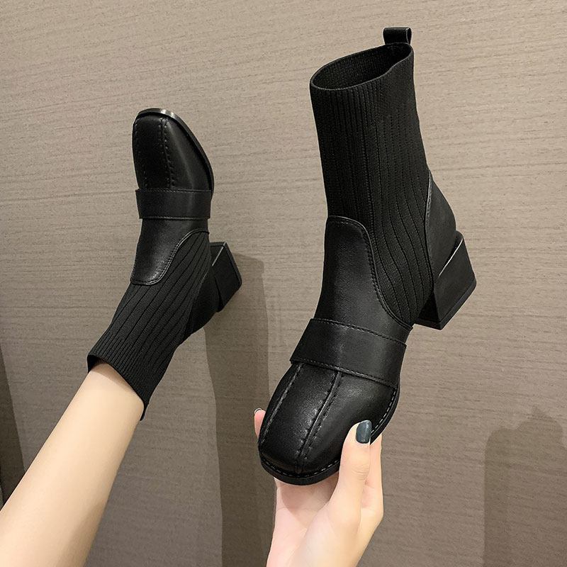 英倫風 粗跟 方頭 馬丁靴 襪子靴 短靴 35 黑色 秋冬 PU 中跟 方頭鞋 通勤 時尚 簡約 輕熟 拼接 粗高跟 複合底 短筒