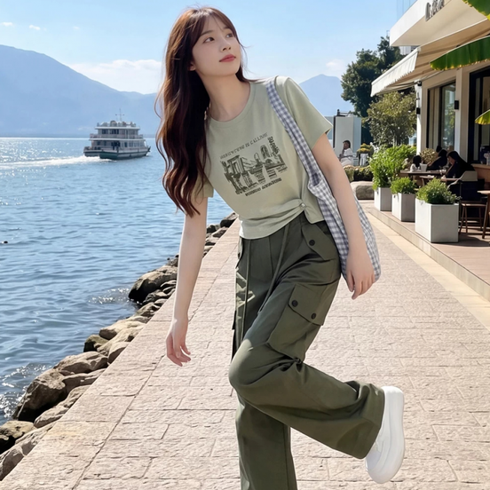 【可單件/成套購買】 顯瘦 正肩 印花 短袖 + 工裝 長褲 套装 M 綠色上衣+綠色工裝褲/兩件套